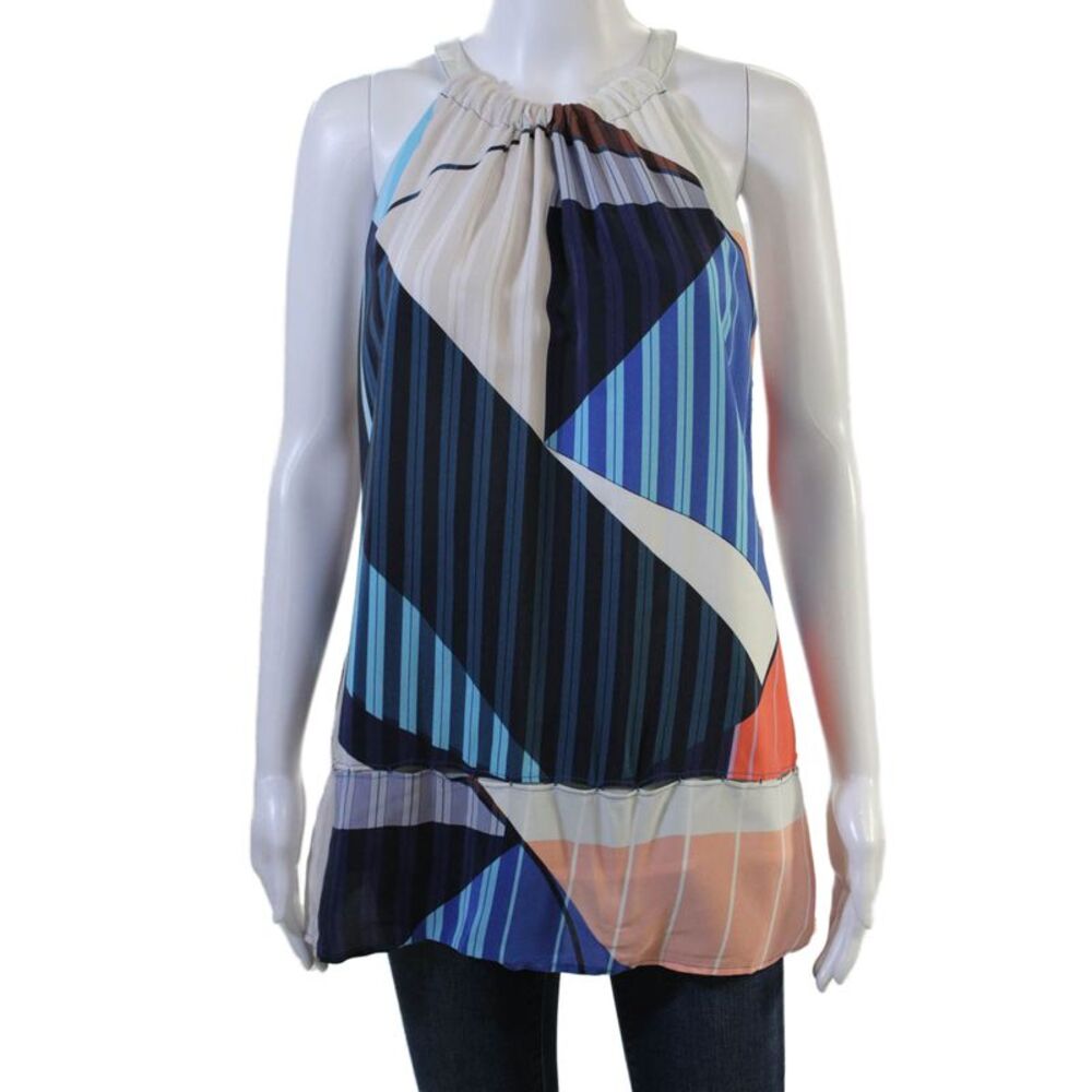Ecru Womens Tunic Beige 100% Silk Geometric High Neck Sleeveless Button Size L